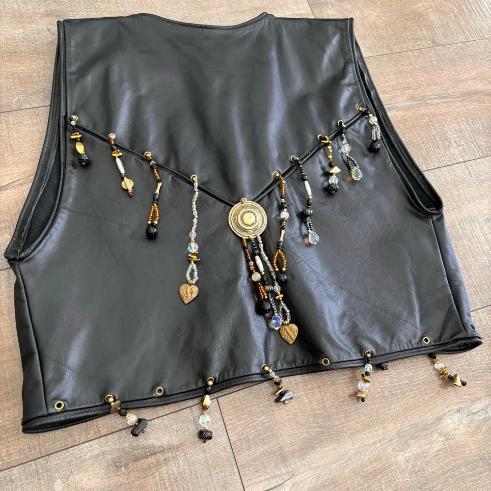 Hand Crafted Leather Vest Women's Open Front Cropped Black with Beads